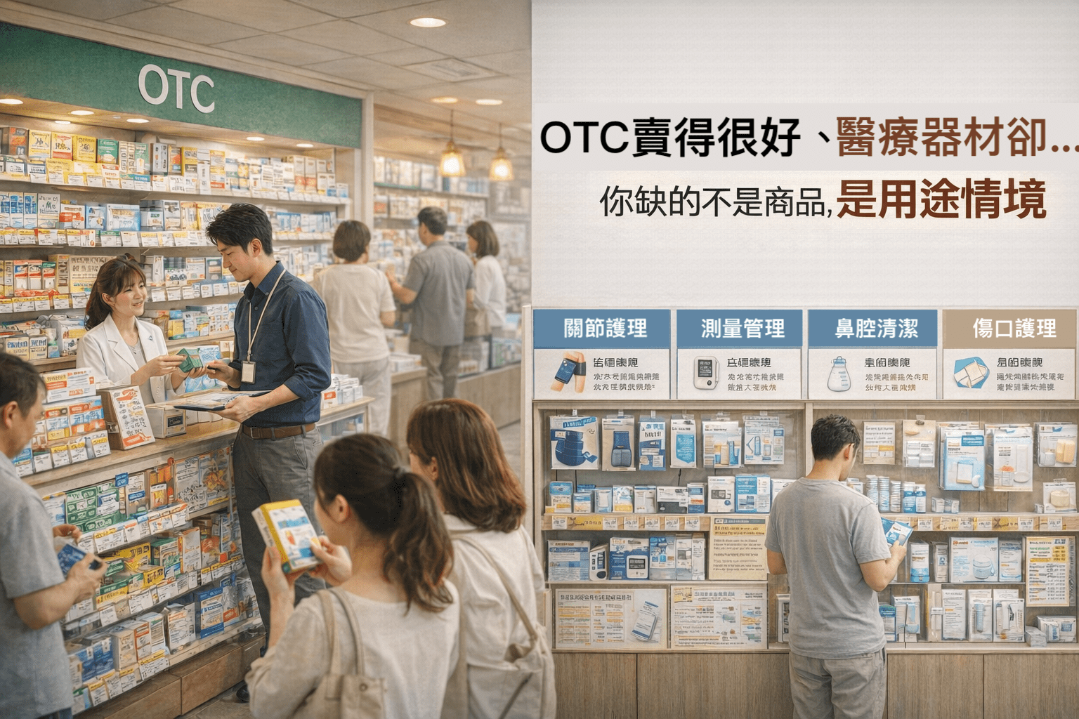 藥局內OTC藥品區有顧客詢問與藥師服務，氣氛熱絡；旁邊的醫療器材區（護具、血壓計、鼻腔清潔與敷料）則相對安靜，呈現OTC熱銷、醫材乏人問津的門市情境。