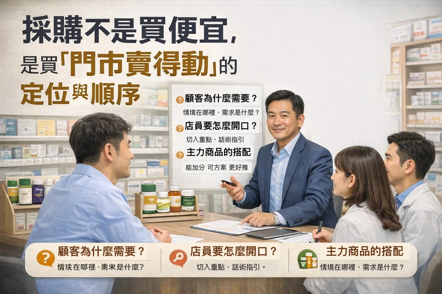 藥局內部會議情境，東方店長與門市人員在桌前討論商品採購與銷售策略，桌上擺有保健品，背景為藥局商品陳列，畫面強調採購與門市銷售連動。