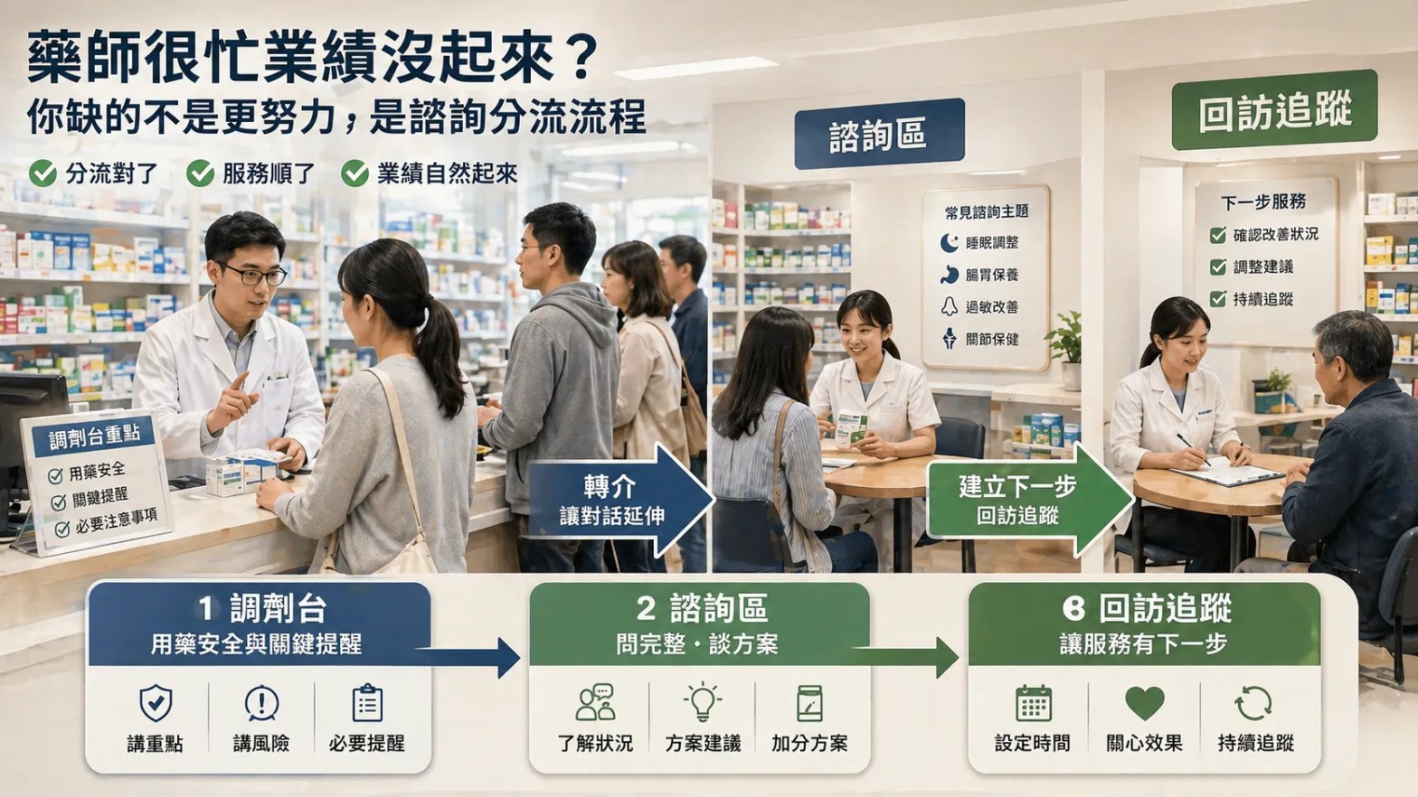 藥局內調劑台前排隊顧客等待，藥師簡短說明後由店員引導至旁邊諮詢區，另一側有服務人員持續解說，呈現分流服務流程。