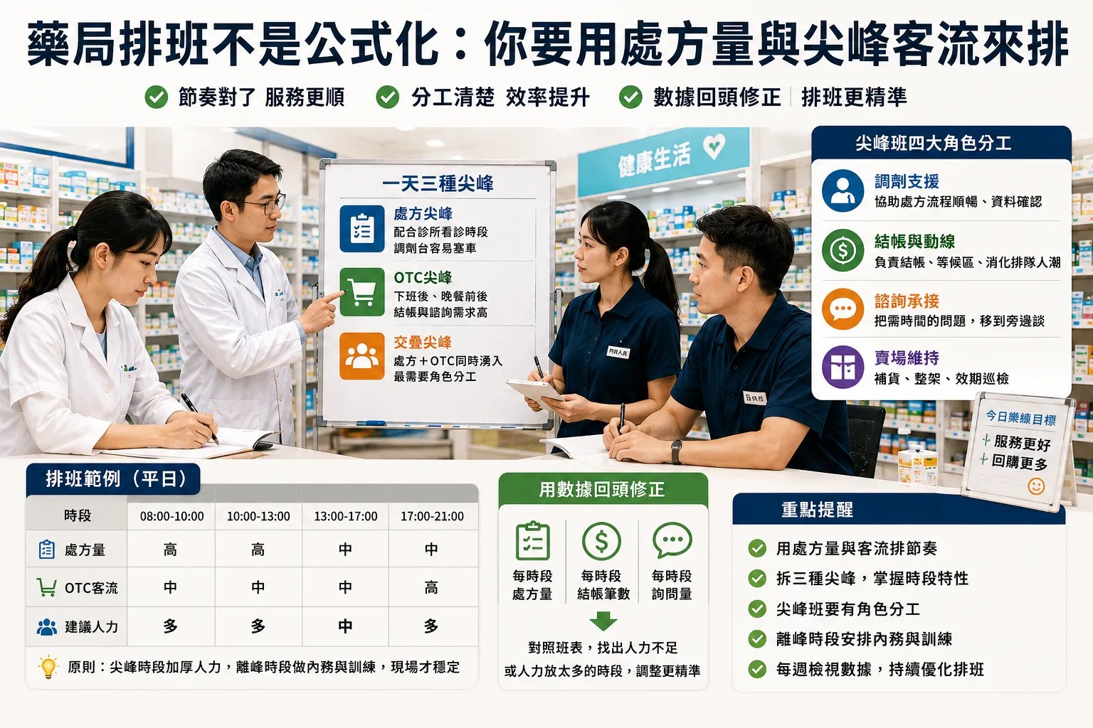 藥局尖峰時段內，藥師、店員與櫃台人員分工合作處理處方、結帳與顧客詢問，現場有排隊人潮與忙碌動線，呈現依尖峰客流安排人力的情境。